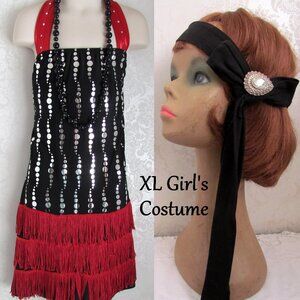 GIRL'S XL DANCE COSTUME, ROARING 20s FLAPPER WEISSMAN BLACK w RED FRINGE, EXTRAS